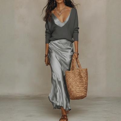 Cozy Knit Satin Midi Skirt