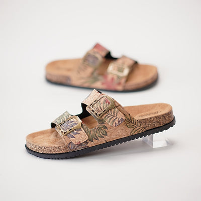 Double Buckle Cork Footbed Slide Sandals