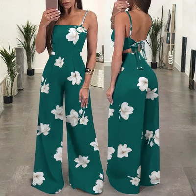 Elegant Floral Spaghetti Strap Wide Leg Jumpsuit Summer