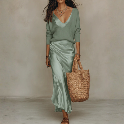 Cozy Knit Satin Midi Skirt