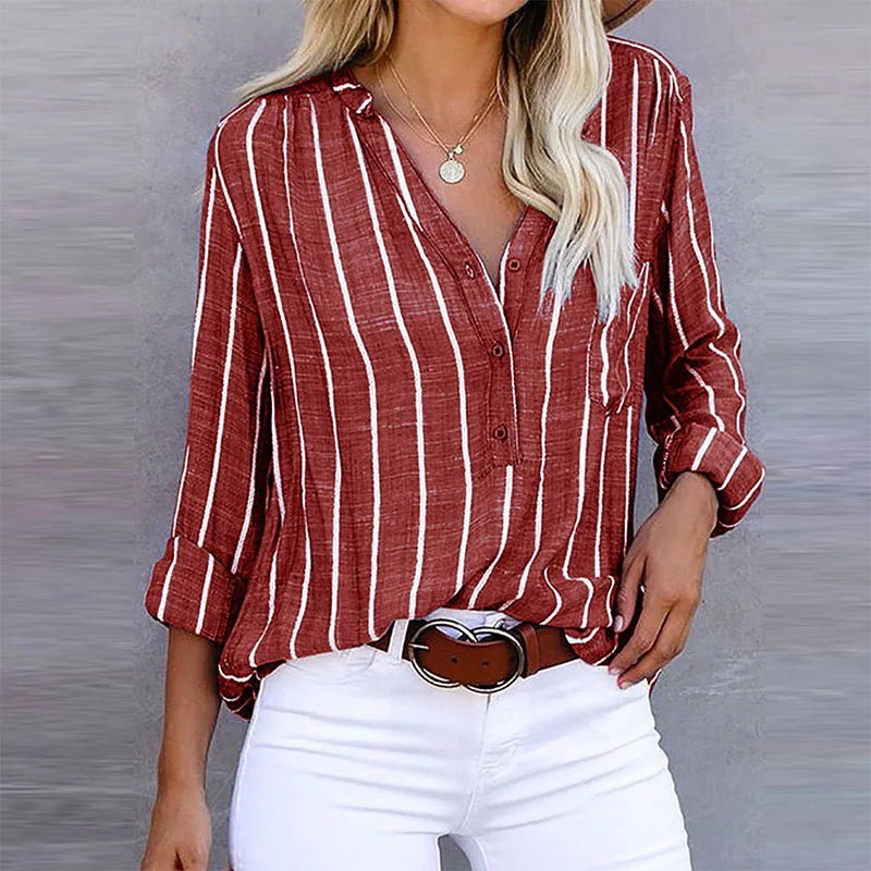 Effortless Striped Blouse V Neck