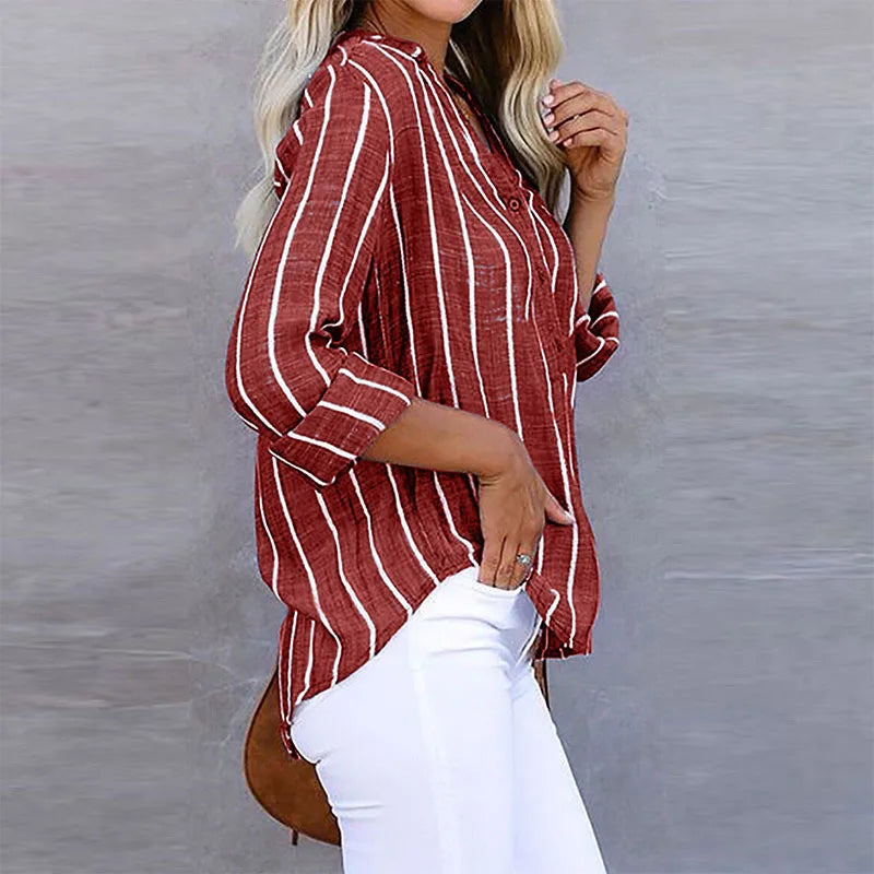 Effortless Striped Blouse V Neck