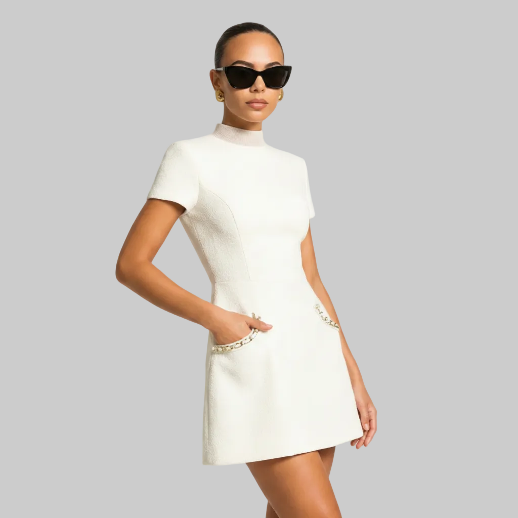Luxe Pearl Trim Mini Dress Pocket