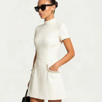 Luxe Pearl Trim Mini Dress Pocket
