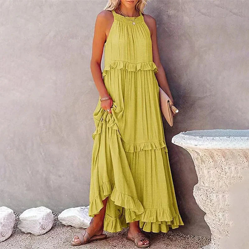 Elegant Ruffle Accent Maxi Dress with Timeless Appeal