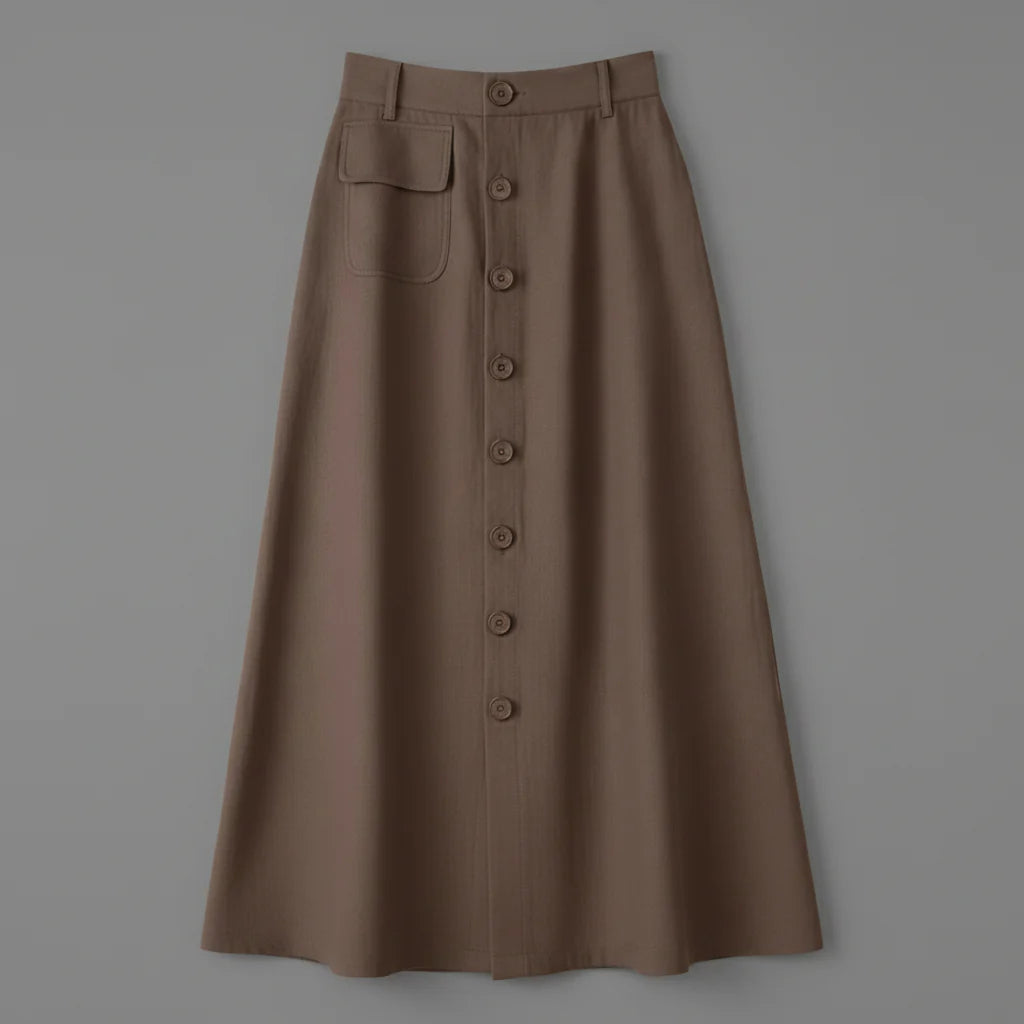 Button Front Midi Skirt with Flattering High Waist Fit