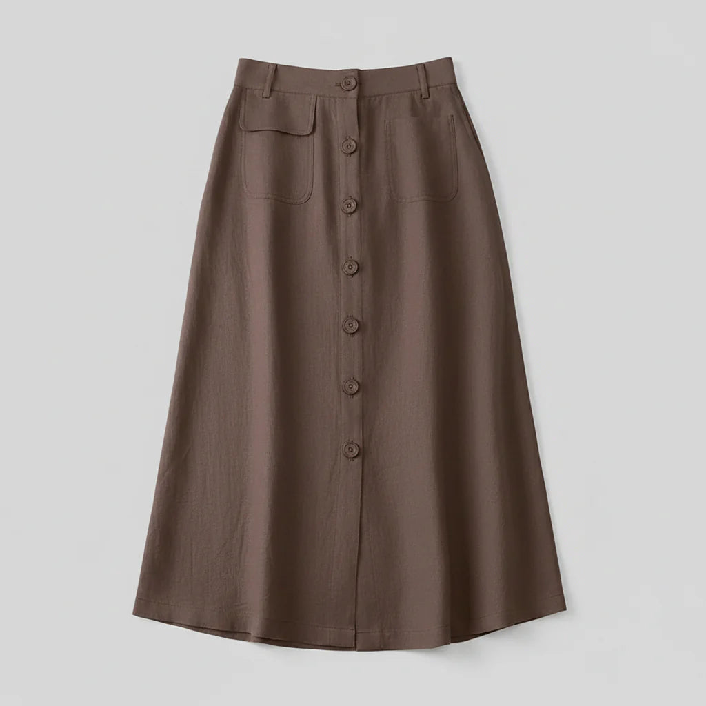 Button Front Midi Skirt with Flattering High Waist Fit