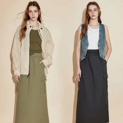 Workwear Inspired Mid Length Skirt with Functional Design