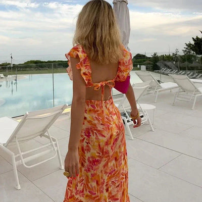 Sophisticated Floral Maxi Dress with Cascading Ruffles