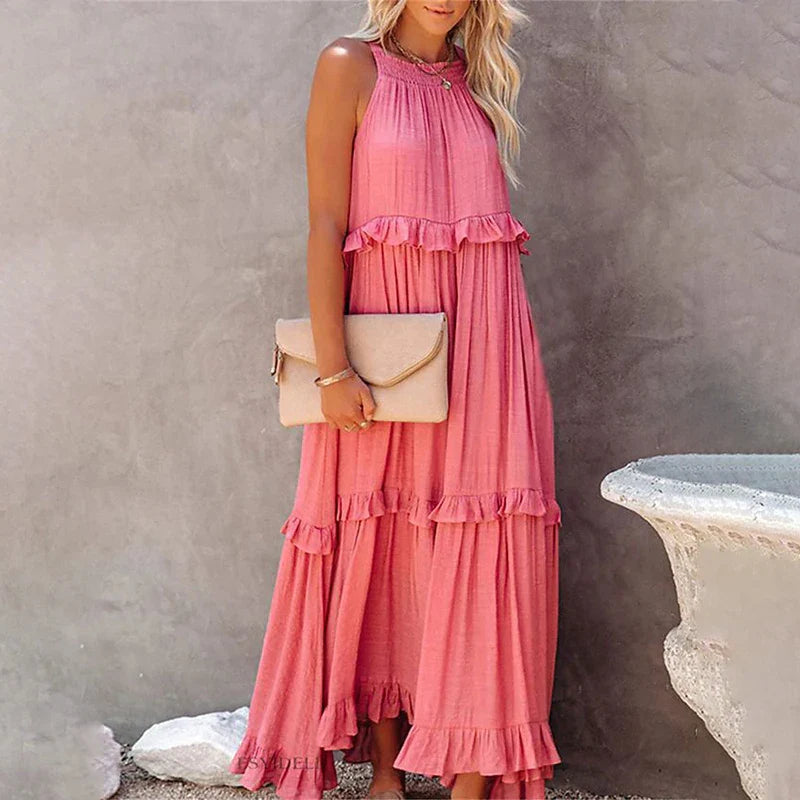 Elegant Ruffle Accent Maxi Dress with Timeless Appeal