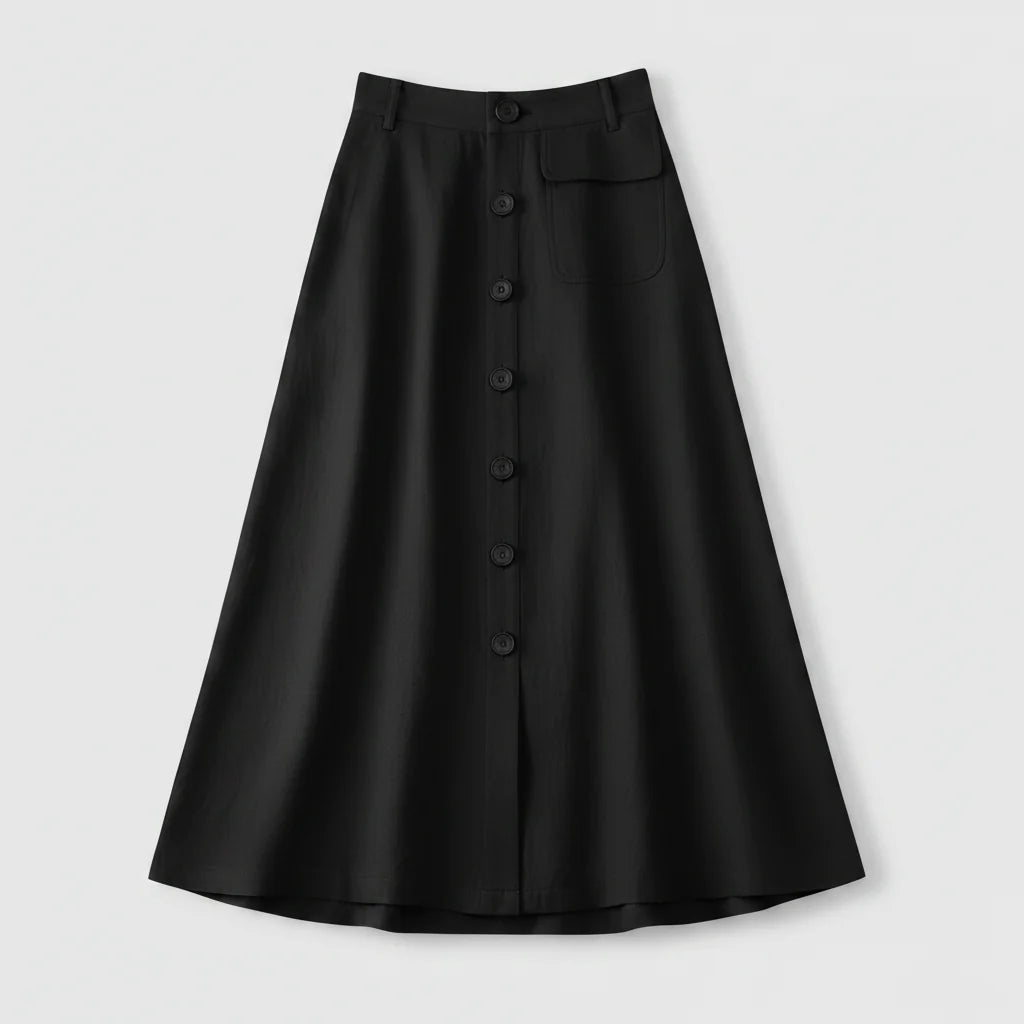 Button Front Midi Skirt with Flattering High Waist Fit