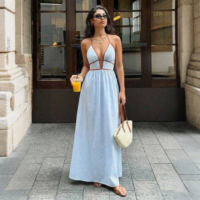 Pleated Square Neck Striped Maxi Dresses