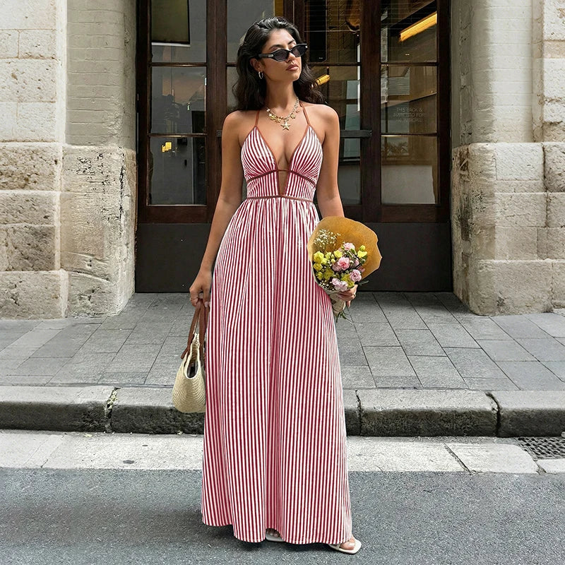 Pleated Square Neck Striped Maxi Dresses