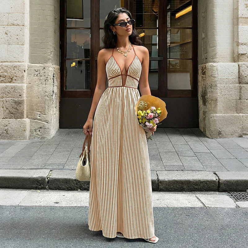 Pleated Square Neck Striped Maxi Dresses