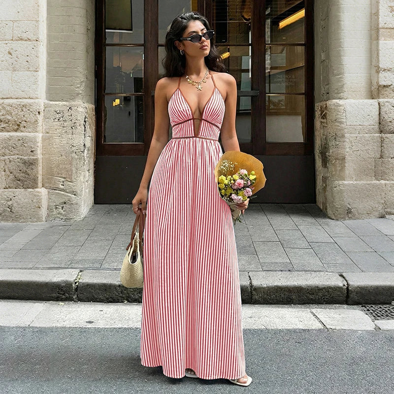 Pleated Square Neck Striped Maxi Dresses