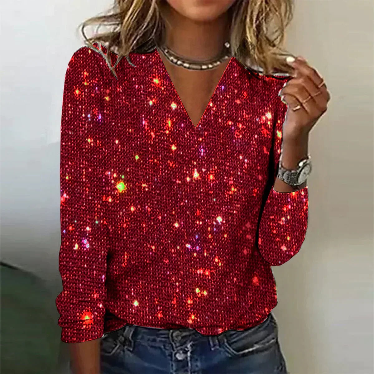 Sequined Knit Sweater V Neck
