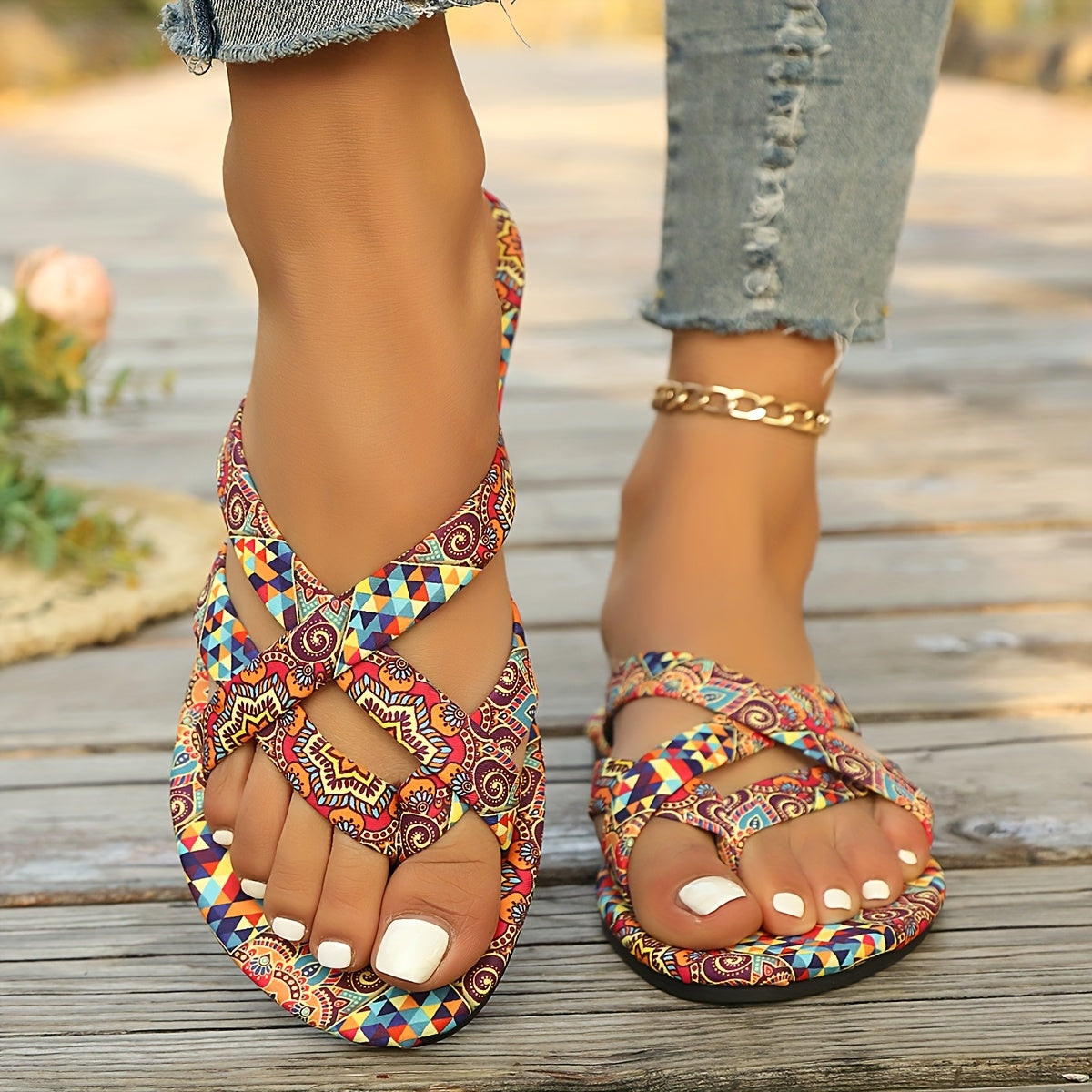Bohemian Print T Strap Flat Sandals
