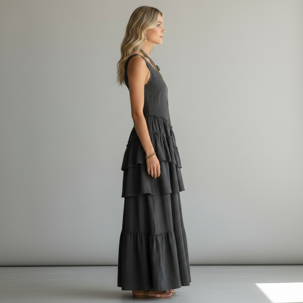 Romantic Grey Layered Maxi Dress